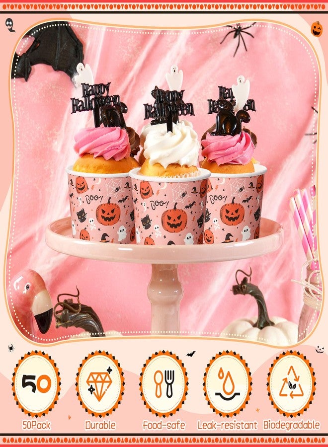 Potchen 50 Pack 9 oz Halloween Disposable Paper Cups Disposable Soup Bowls Pumpkin Ghost Bat Cat Boo Paper Snack Cups Halloween Party Supplies for Dessert Hot or Cold Food - Image 4